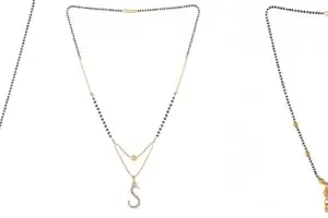 Gold Plated Traditional Black Bead Single Line American Diamond Pendant Jewellary set for Women(Combo) Pack of 3 MSCN-23-1-5- New