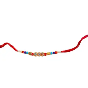 Traditional Multicolor Beaded Rakhi for Brother Red Thread with Golden Embellishments & Stone Detailing Perfect Raksha Bandhan