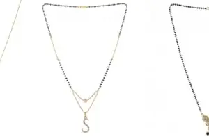 Gold Plated Traditional Black Bead Single Line American Diamond Pendant Jewellary set for Women(Combo) Pack of 3 MSCN-44-1-2- od