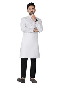 Mens Kurta Pajama Set, Cotton Blend Knee Length Solid Kurta and Black Pajama Set (in, Alpha, XL, Regular, White) (MEN30_White_BP_XL_BAZ)