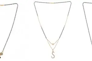 Gold Plated Traditional Black Bead Single Line American Diamond Pendant Jewellary set for Women(Combo) Pack of 3 MSCN-9-1-20-