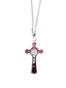 Saint Benedict Cross Protection Pendant Necklace Stay Away Satan Excorsism (1.5 inches Length) (Stainless Steel Chain, 1)