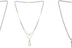 Gold Plated Traditional Black Bead Single Line American Diamond Pendant Jewellary set for Women(Combo) Pack of 3 MSCN-16-1-6-