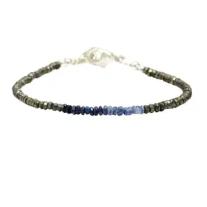 LKBEADS Pyrite & Ombre Blue Sapphire bracelet with Silver clasp - 2.5-3mm Tyre beads- Faceted Cut -7 Inch Adjustable Bracelet– Healing, Fashion, Gift, Spiritual, Yoga|LK_STACK_08433