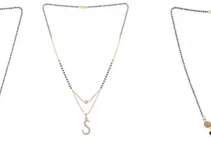 Gold Plated Traditional Black Bead Single Line American Diamond Pendant Jewellary set for Women(Combo) Pack of 3 MSCN-31-1-48- New