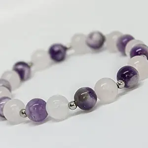 LKBEADS Natural Amethyst & Milky Quartz 8mm Round Shape Smooth Cut Beads 65 inch Stretchable Bracelet for Men & Women|STBR_RR_00487_65