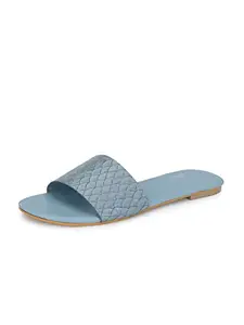 Aady Austin Women's Blue Shell Patterned Synthetic Open Toe Slider Flats