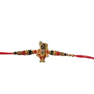 Traditional Decorative Rakhi with Gold-Toned Design, Red and Green Beads, Religious Motif (Pack of - 2 PC)