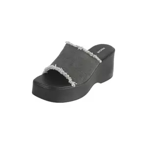 Mochi Women Black Wedge Heel Denim Fashion Slip-on Sandal UK/7 EU/40 (34-298)