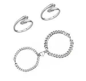 BEAUTIVIA Couple Bracelet With Hug Rings Combo/Megnetic Heart Chain Couple Stainless Steel Bracelets For Mens And Women For Women,Girls,Boy,Men/Gift For Valentine,Birthday,Anniversary,Celebration