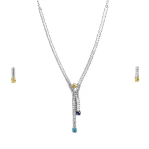 Mansiyaorange Rhodium-Plated Multicolor American Diamond Gemstone-Studded Jewelry Necklace And Drop Earrings Jewellery Set For Women(Multicolor)