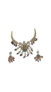 Traditional Temple Jewellery Set with Necklace and Earrings, Gold-Plated, Purple Amethyst Beads, Pearl Accents