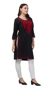 Winter Warm Woolen Embroidery 3/4th Sleeve Kurti for Women's and Girl's (in, Alpha, 2XL, Regular, Black&Red)