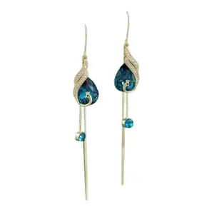 Elegant Drop Dangle Earrings, Blue Crystal with Gold-Tone Accents, Long Chain Design