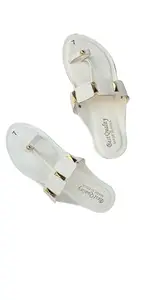 Women's White Sandals with Gold Studs, Toe Ring Design, Casual Flat Slippers