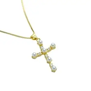 SSTRINGZ Gold Cross Pendant with Pearls and Diamonds, 18K Gold Plated Chain Necklace