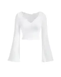 SILES FASHION Latest V-Neck Notched Flared Sleeve Top for Women | Stylish Polyester Long Sleeve Blouse for Casual Wear_450