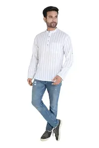 Cotton Men's Long-Sleeve Short Kurta in Pure White||Striped Design||Ethnic Wear (in, Alpha, XL, White)