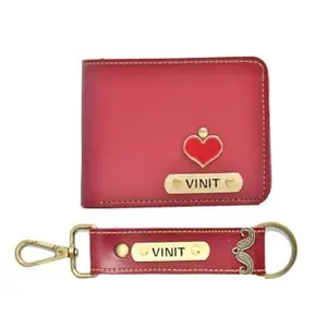 NAVYA ROYAL ART Men's Leather Wallet and Keychain Combo with Personalised Name and Logo on Wallet - Design 2, Red