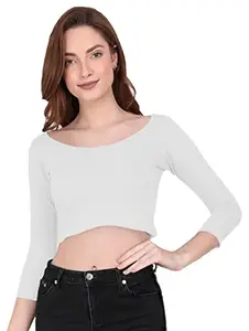 THE BLAZZE 1057 Womens Basic Sexy Solid Scoop Neck Slim Fit 3/4 Sleeve Crop Top (Large, White)