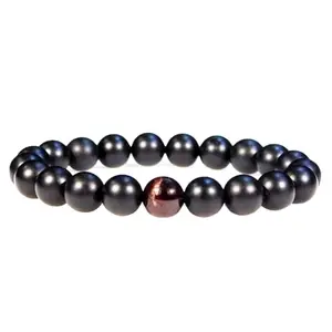 RRJEWELZ Natural Matte Onyx With Garnet Round Shape Smooth Cut 8mm Beads 7.5 inch Stretchable Bracelet for Healing, Meditation, Prosperity, Good Luck | STBR_05585