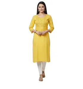 ADRIJA Women’s Rayon Embroidered Straight Kurti | 3/4 Sleeve Ethnic Kurta for Women Ethnic Suit for Casual, Daily, and Office Wear