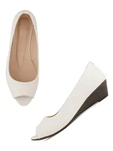 Everly White Textured Synthetic Leather Wedge Peep Toes for Women (MNS6091MNT39)