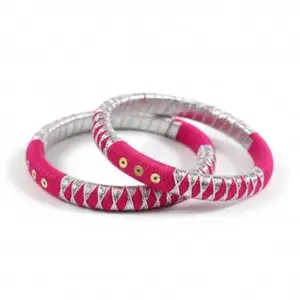 Handcrafted Thread Bangles, Pink and Silver Pattern, Traditional Design, Size 2'3, Set of 2