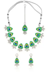 Uruz Paradise | Peacock Feather Design Necklace Set with Earrings, Silver-Toned, Green and Blue Enamel Work, Traditional Indian Style
