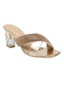 Bruno Manetti women's Gold Slipon Back Open Upper Cross Strap with Mirror Stone Square Toe Comfort Heel's