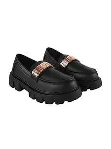 Shoetopia Smart Casual Chain Detailed Black Loafers for Women & Girls