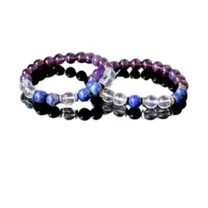 Lady Works Amethyst, Lapis Lazuli & Crystal Quartz 8mm Round Smooth beads Long Distance Couples Love Friendship Combo Bracelet Set - Couples Relationship 8 inch Stretchable Bracelets set|LW_BRCP_017_8