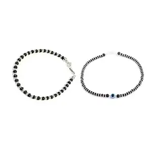 Black Beaded Bracelets with Evil Eye, Set of 2