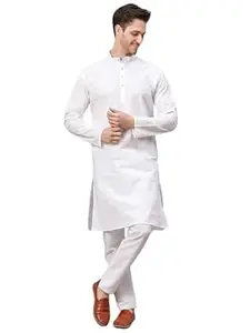 Stitchyard Men's Cotton Blend Solid Kurta pyjama set with Full Sleeves, Regular Fit, Pajama included in package