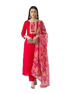 Amazon Brand - Tavasya Women's Rayon Embroidered Straight Kurta Set with Rayon Pant and Organza Printed Dupatta | Kurti Set for Women