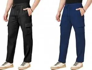 RIKSAW Men's Cargo Polyester Pants for Men || Regular Fit Mid Rise Cargo Joggers Solid Pants (Pack of 2) (CG_05 Combo)