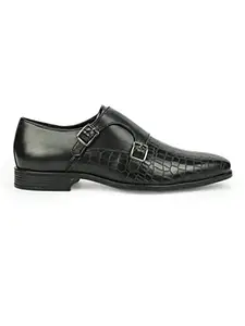 San Frissco Mens Black Croco Double Monk Strap Shoes