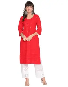 Women's Casual 3/4th Sleeve Chikan Embroidery Cotton Kurti (Red, 4XL)-PID48501