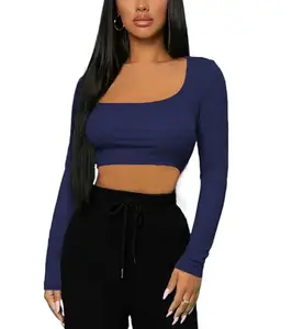 THE BLAZZE Women's Cotton Stylish Western Basic Solid Wear TV Oval Neck with Full/Long Sleeve Crop Top for Women L583 4174 (XS, NVY)