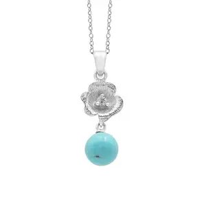 Ravishing Impressions Turquoise Flower Pendant Necklace Handmade 925 Sterling Silver Beach Jewelry Rhodium Plated