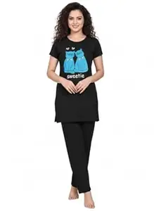 NXTWIN Women’s Printed Cotton Nightwear Set | Short Sleeve Long Top with Pajama | Comfortable Cotton Lounge Wear for Women