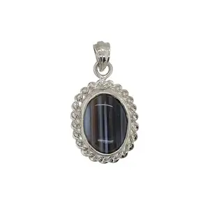 Sahiba Gems Pure Silver 12 Carat Natural Gray Black Sulemani Haqiq Agate (Hakik) Gemstone Pendant (Chandi Locket)