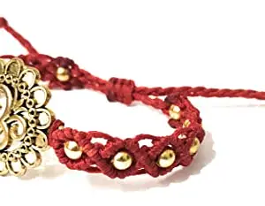 SAFFRON SHADES Rakhi for Brother Sister Bhaiya Bhabhi Designer Macrame Bracelet Sacred OM with Greeting Card Roli and Chawal Premium Rakhi SSBR4 (Red)