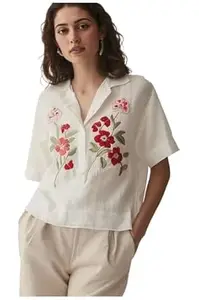 ANNI Designer Women Cream Cotton Embroidered Tops | Floral Thread Work Short Sleeve Shirt | Casual Summer Wear for Office & Daily Use