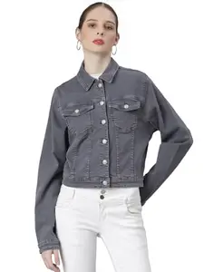 SHOWOFF Women's Spread Collar Grey Solid Denim Jacket-IM-10714_Grey_XL