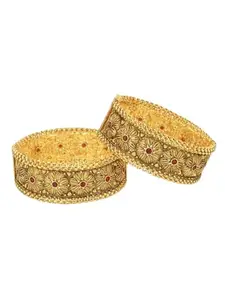 Adwitiya Collection Set of 2 Gold Plated Antique Openable Flower Bangles Set(2.4)
