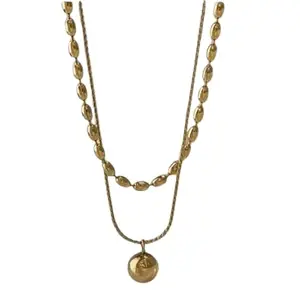 Double Layered Gold Plated Necklace with Ball Pendant, Beaded Chain, Adjustable Clasp