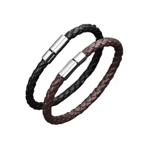 University Trendz Combo of Stainless Steel Braided Leather Bracelet with Magnetic Clasp for Men & Boys- Black Brown