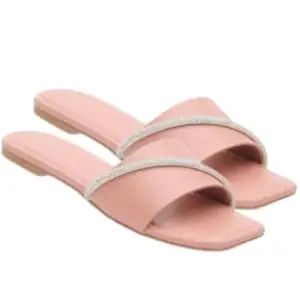 Women's Beautiful Design Slip-On Glitter Strap Synthetic Flats Slipper for Wedding Party & Festive (Light Pink-6)