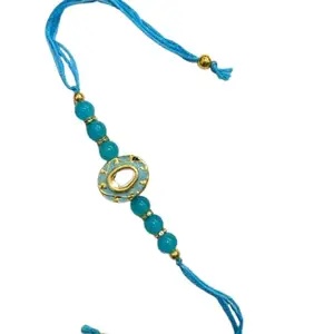 Handcrafted Designer Turquoise colored Rakhi for Brother with Blue Stones & Golden Accents – Elegant Rakhi | Gift for Men & Boys | Pack of 1